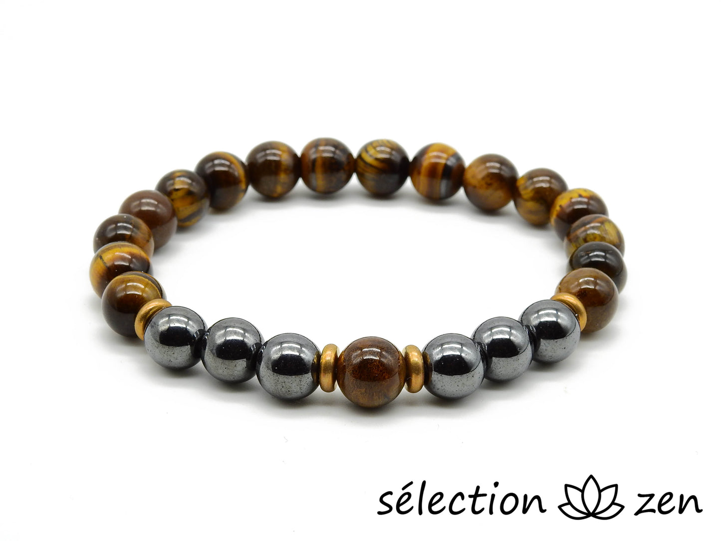 selection zen bracelet élastique doré oeil de tigre jaune et hématite 8mm