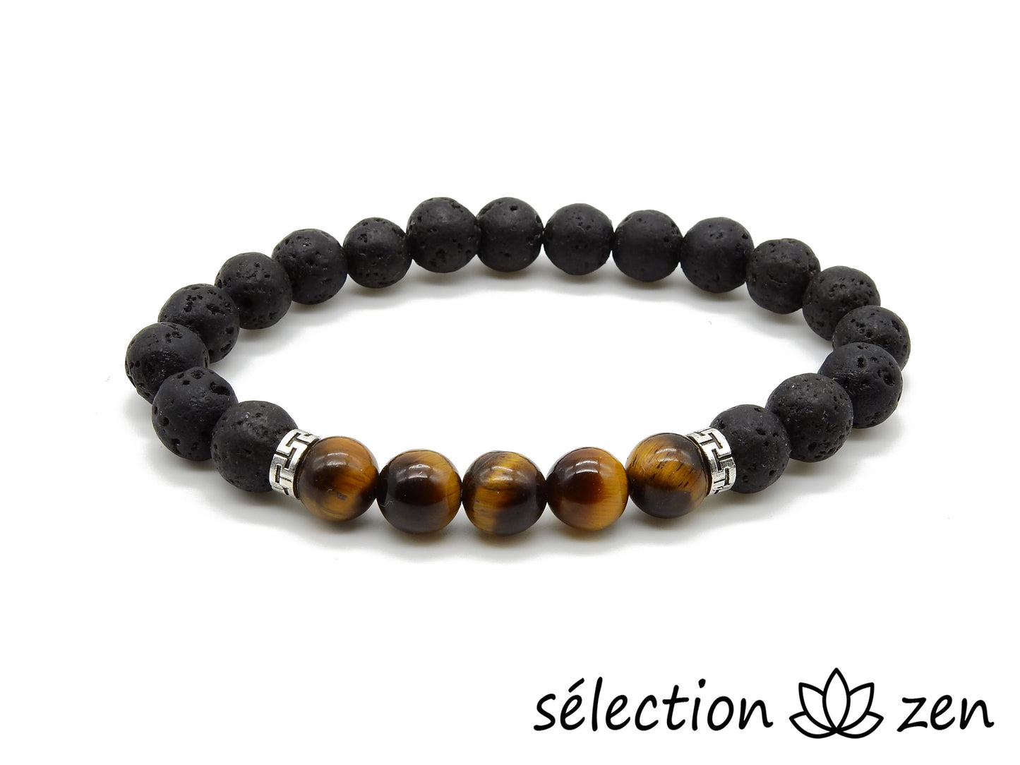 bracelet 5 x oeil de tigre et pierre de lave 8mm perles argentées selection-zen