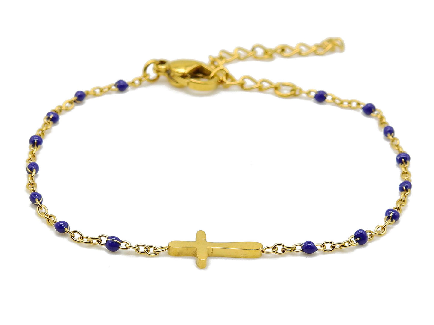 selection zen bracelet religieux réglable doré et bleu foncé croix dorée et chaine de réglage dorée