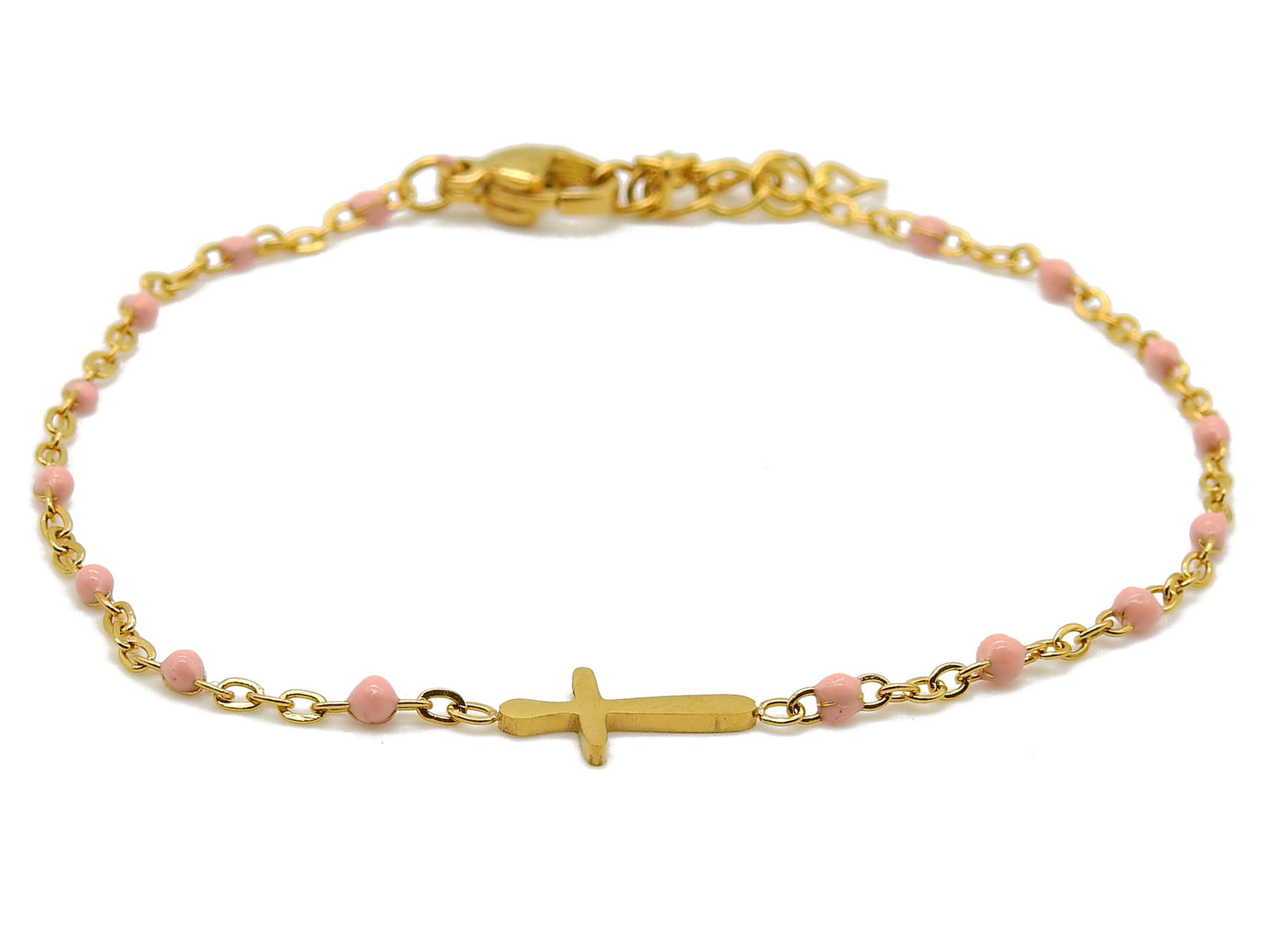 selection zen bracelet réglable religieux doré et rose pétale avec croix dorée et chaine de réglage dorée
