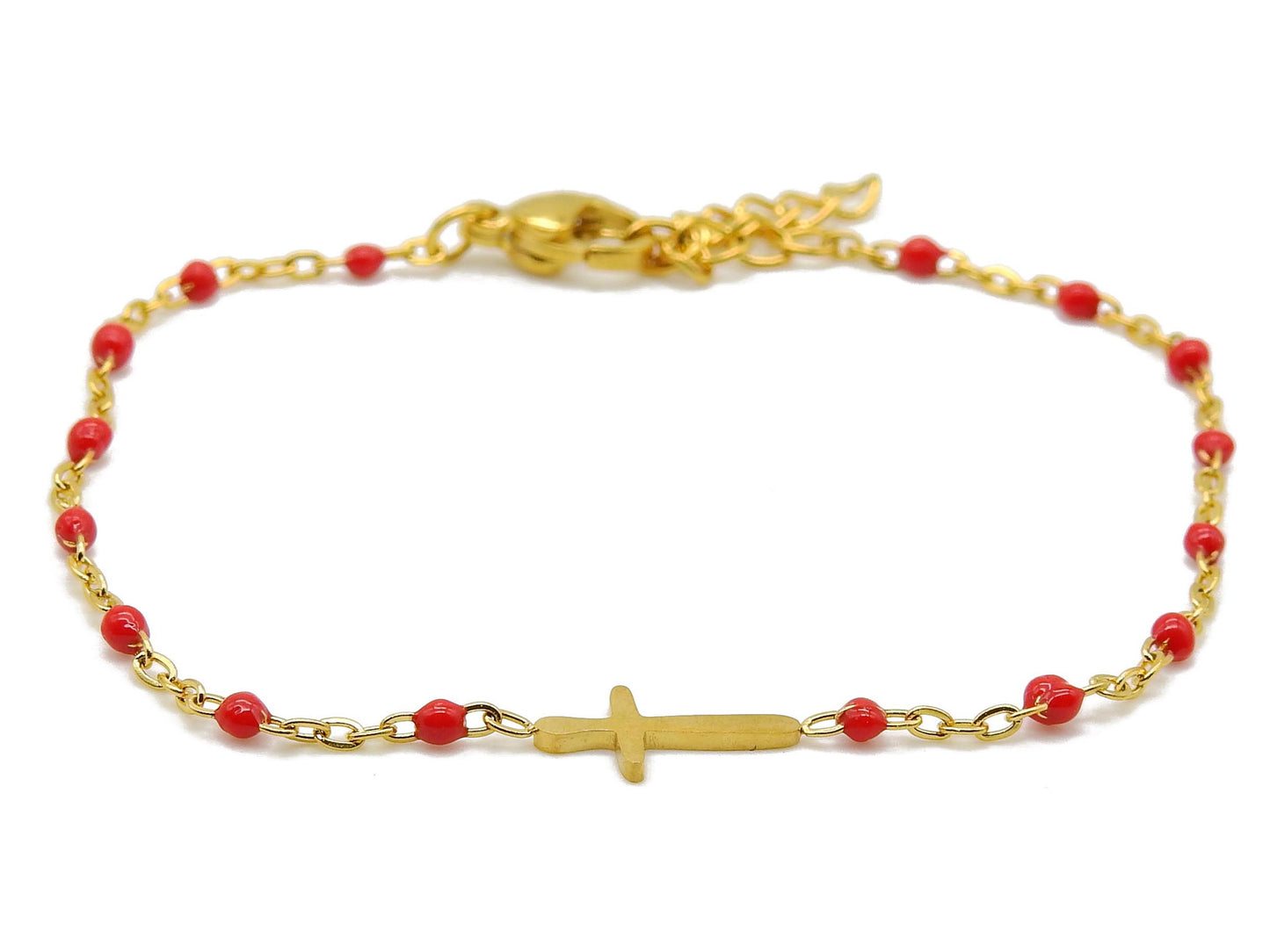 selection zen bracelet religieux réglable doré et rouge croix dorée et chaine de réglage dorée