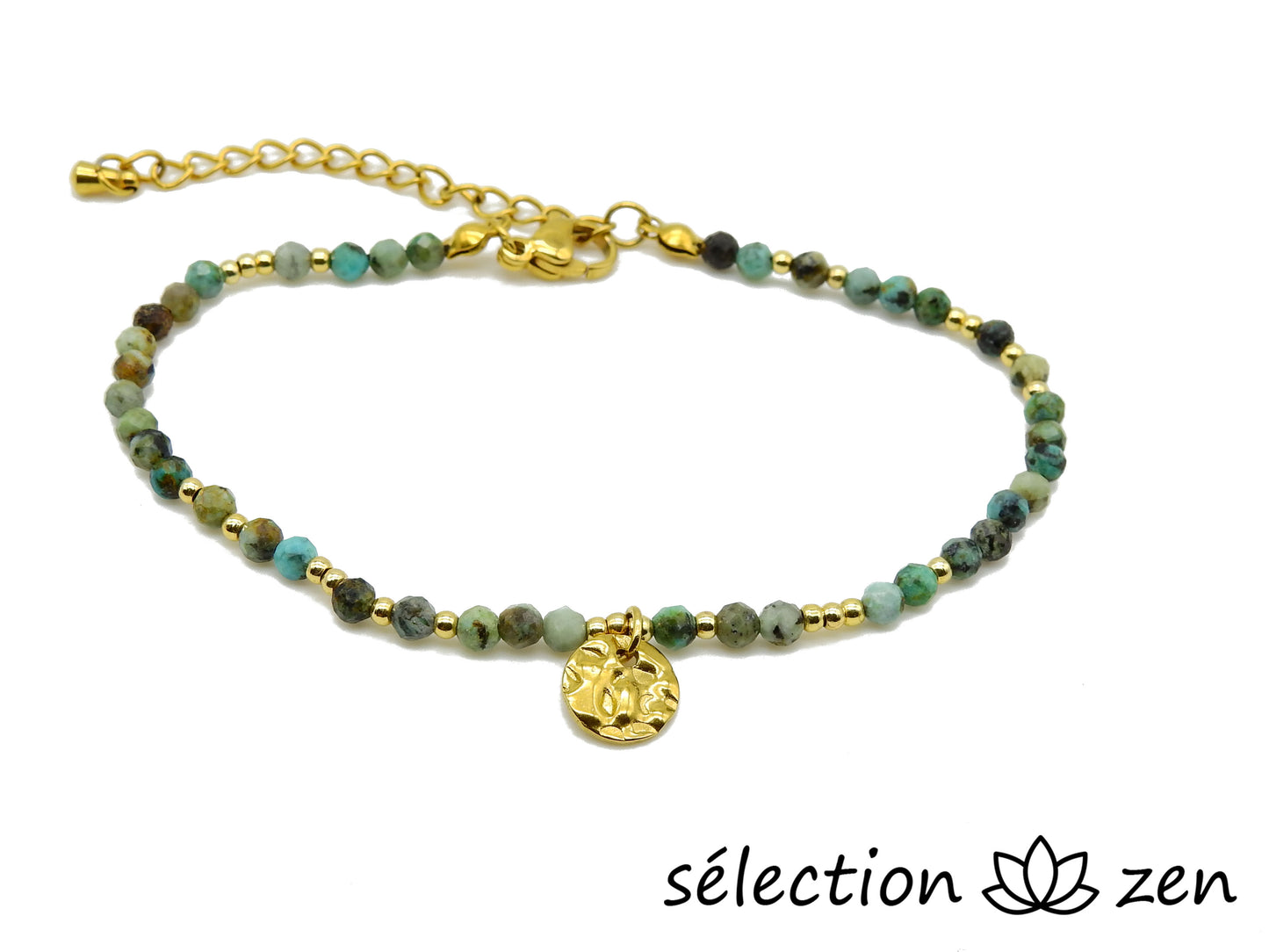 selection zen bracelet réglable doré turquoise africaine 3mm perles dorées et médaillon martelé