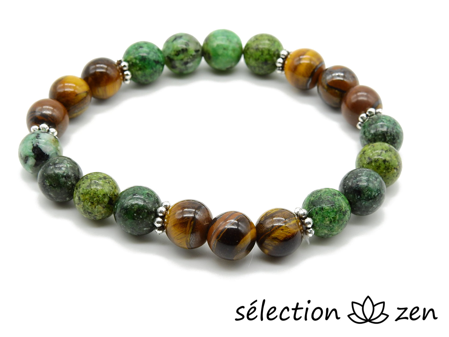 bracelet 8mm élastique duo oeil de tigre jaune et turquoise africaine avec perles fantaisies argentées selection-zen