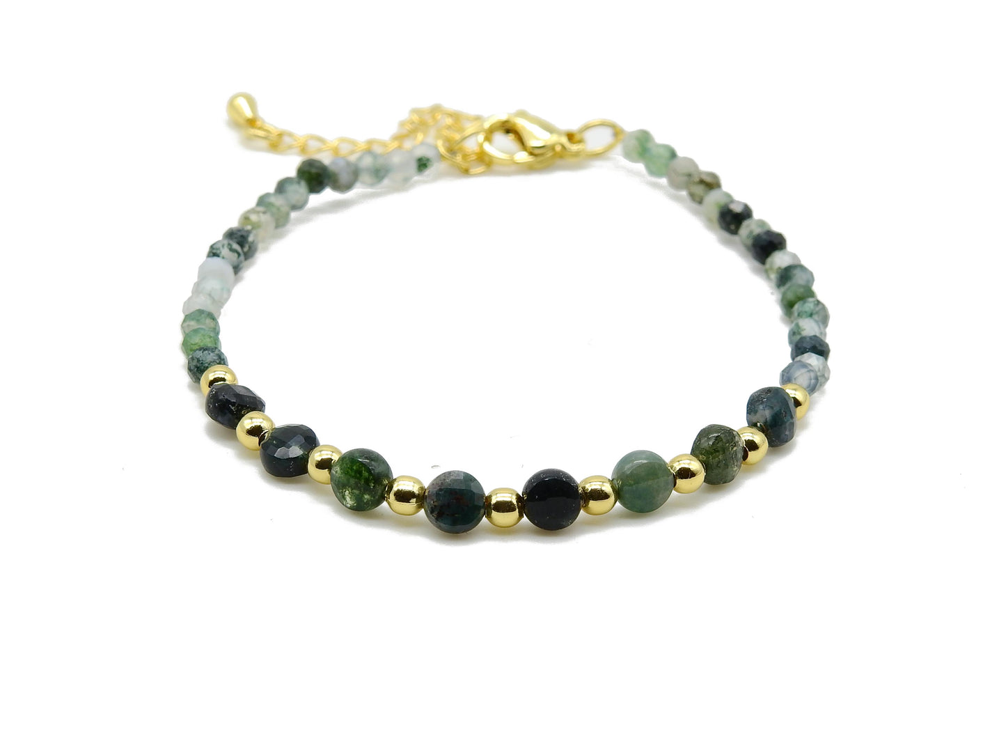 selection zen bracelet réglable doré duo en perles à facettes 3mm et 4mm en agate mousse avec perles dorées et chaine de réglage dorée