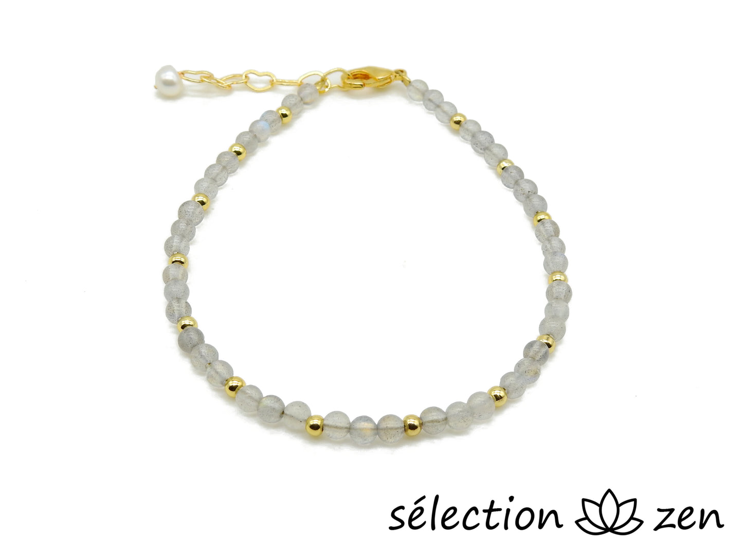 selection-zen bracelet réglable doré 3mm finesse labradorite avec chaine coeurs dorée et perle d'eau douce