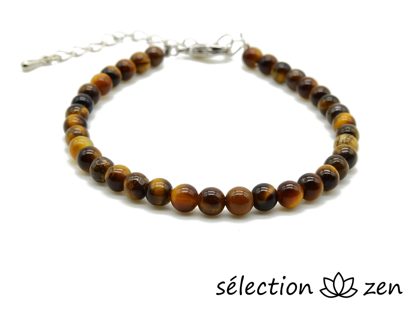 bracelet réglable argenté 4mm oeil de tigre jaune