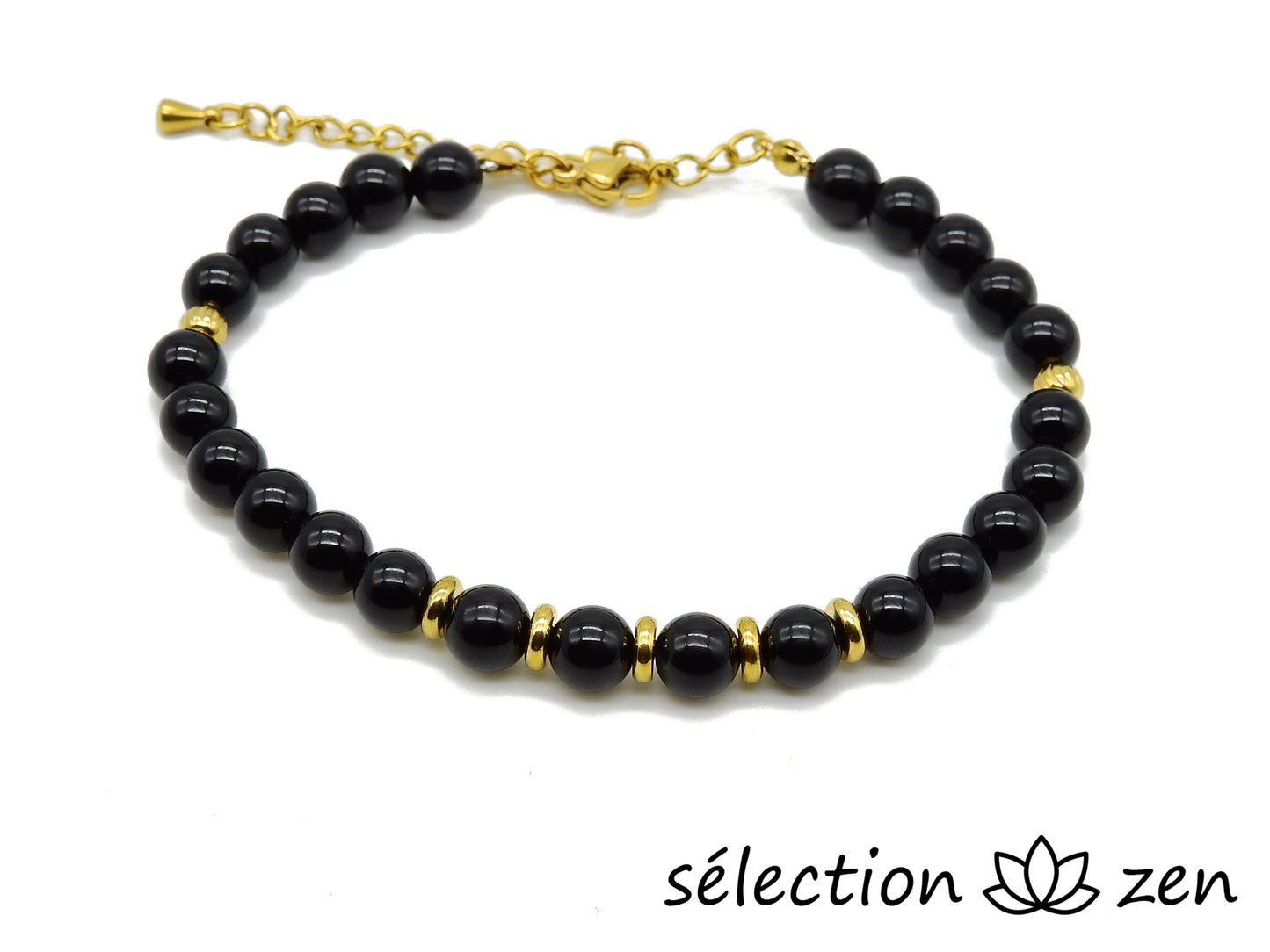 selection zen bracelet réglable doré onyx noir brillant 6mm délicatesse