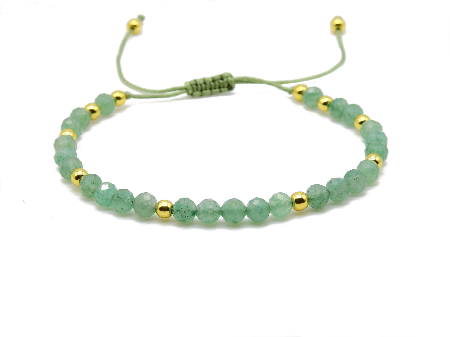 selection zen bracelet réglable perles à facettes 4mm aventurine et perles fantaisies dorées 3mm sur cordon vert