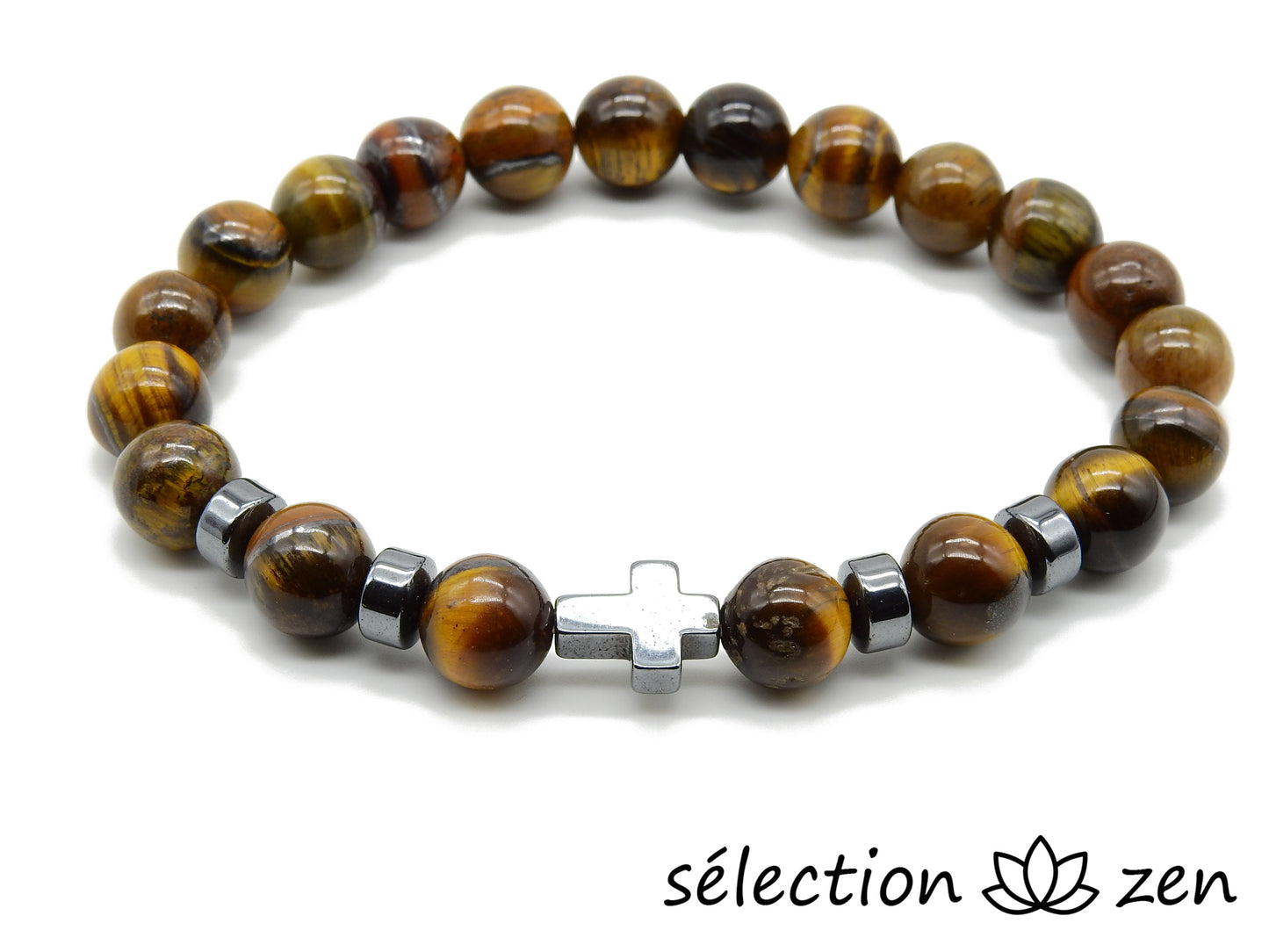 bracelet religieux croix hématite et œil de tigre jaune 8mm selection zen