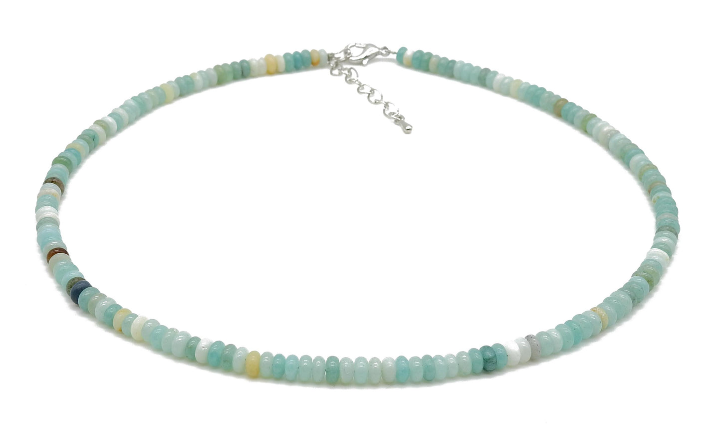 selection zen collier argenté perles plates 4mm amazonite avec chaine de réglage argentée
