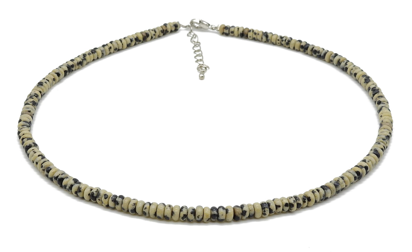 selection zen collier argenté perles plates jaspe dalmatien 4mm avec chaine de réglage argentée