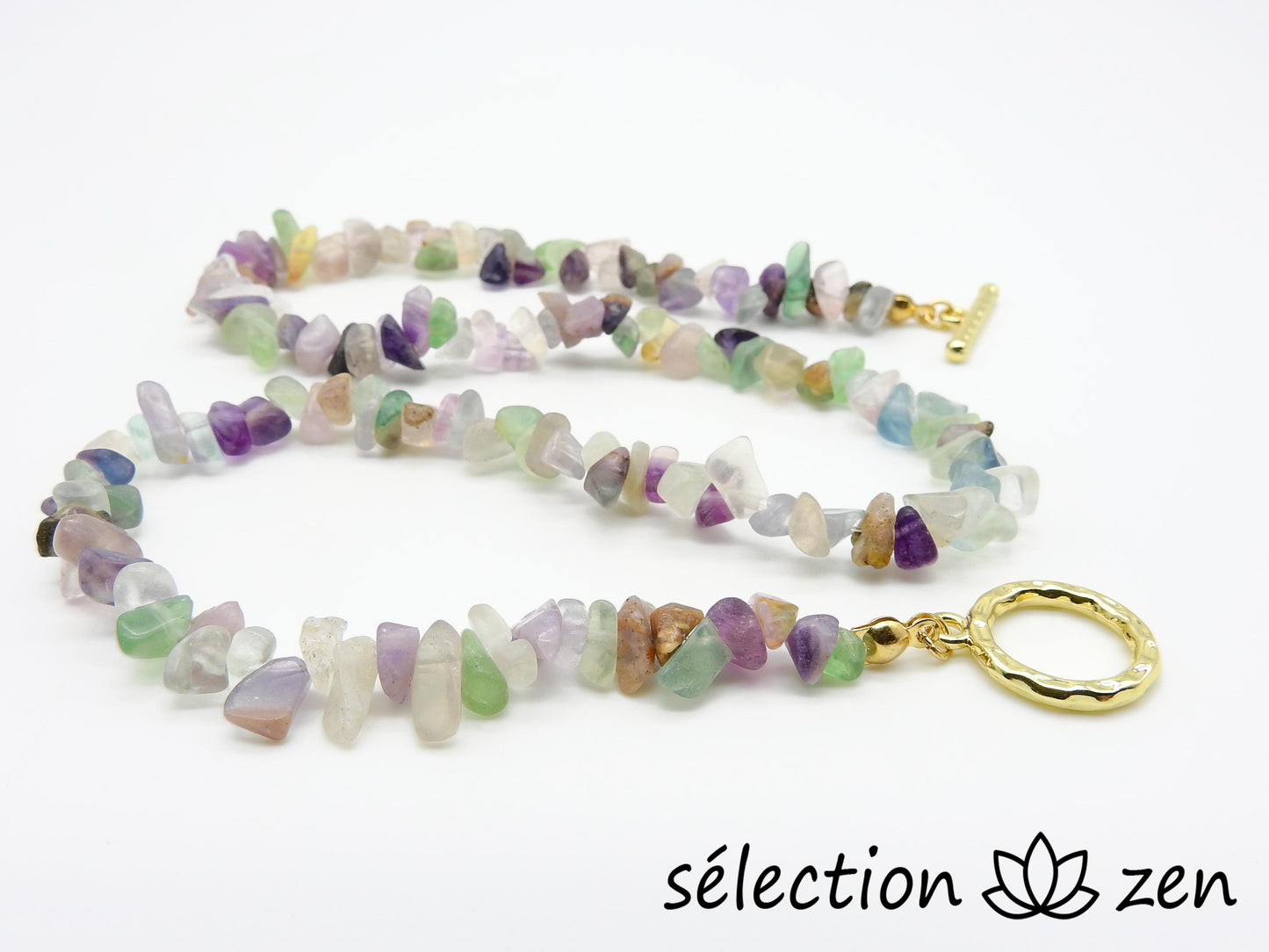 selection-zen collier fluorite verte et fluorite violette 41cm pierres irrégulières élégance