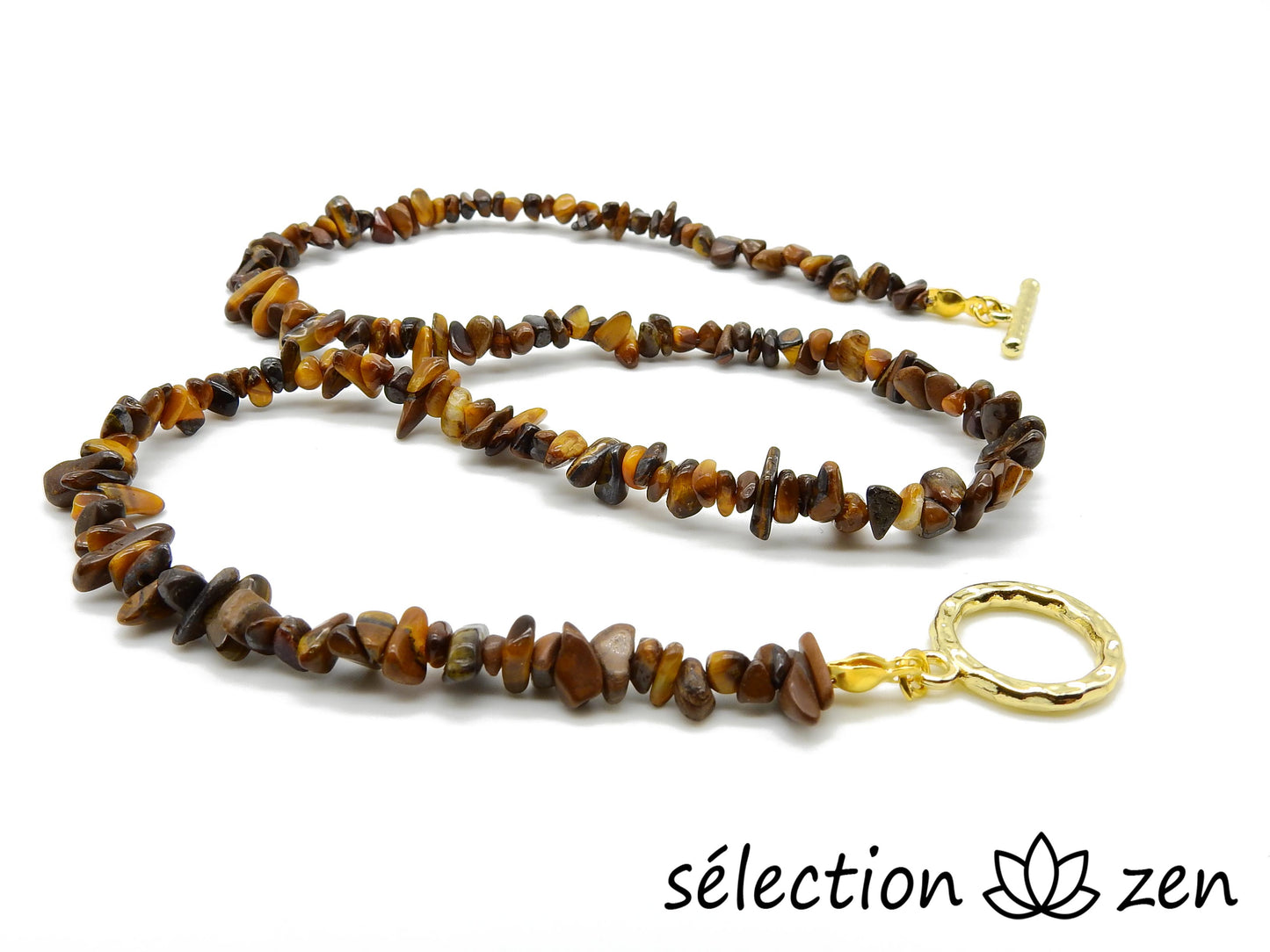 selection zen collier oeil de tigre jaune pierres irrégulières élégance