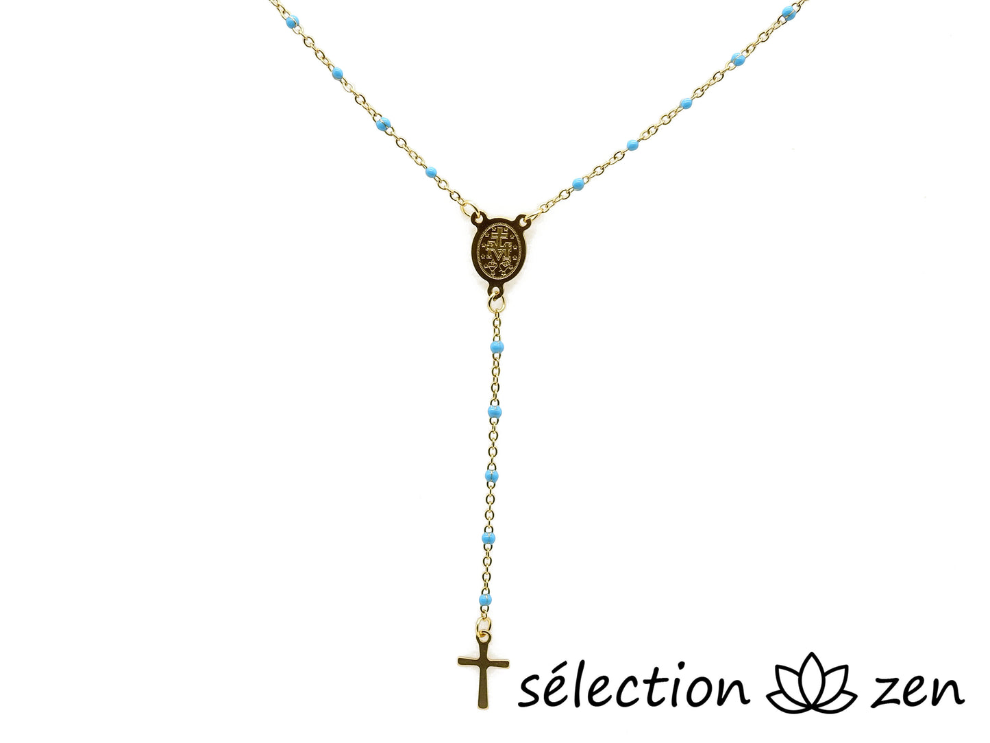 collier religieux croix et médaillon doré et bleu clair selection-zen