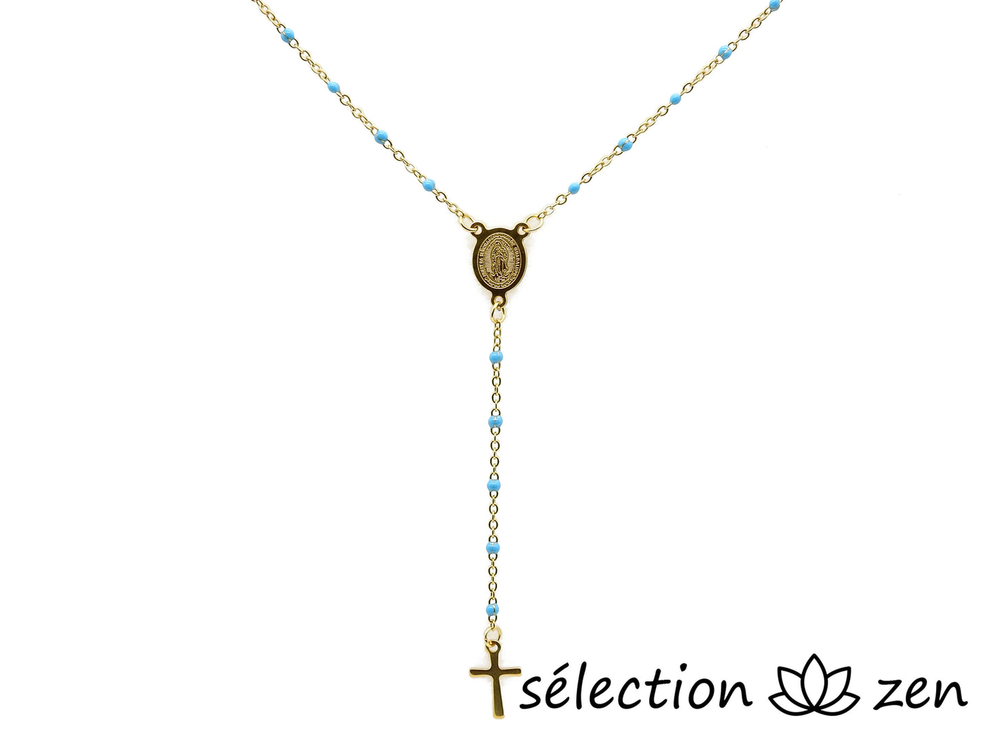 selection zen collier religieux croix et médaillon doré et bleu clair