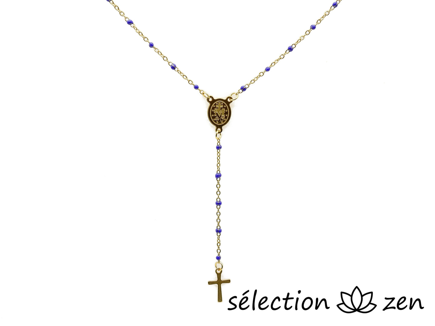 selection zen collier religieux croix et médaillon doré et bleu foncé