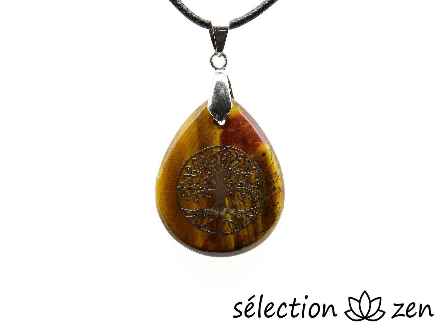 pendentif goutte oeil de tigre jaune arbre de vie doré selection-zen
