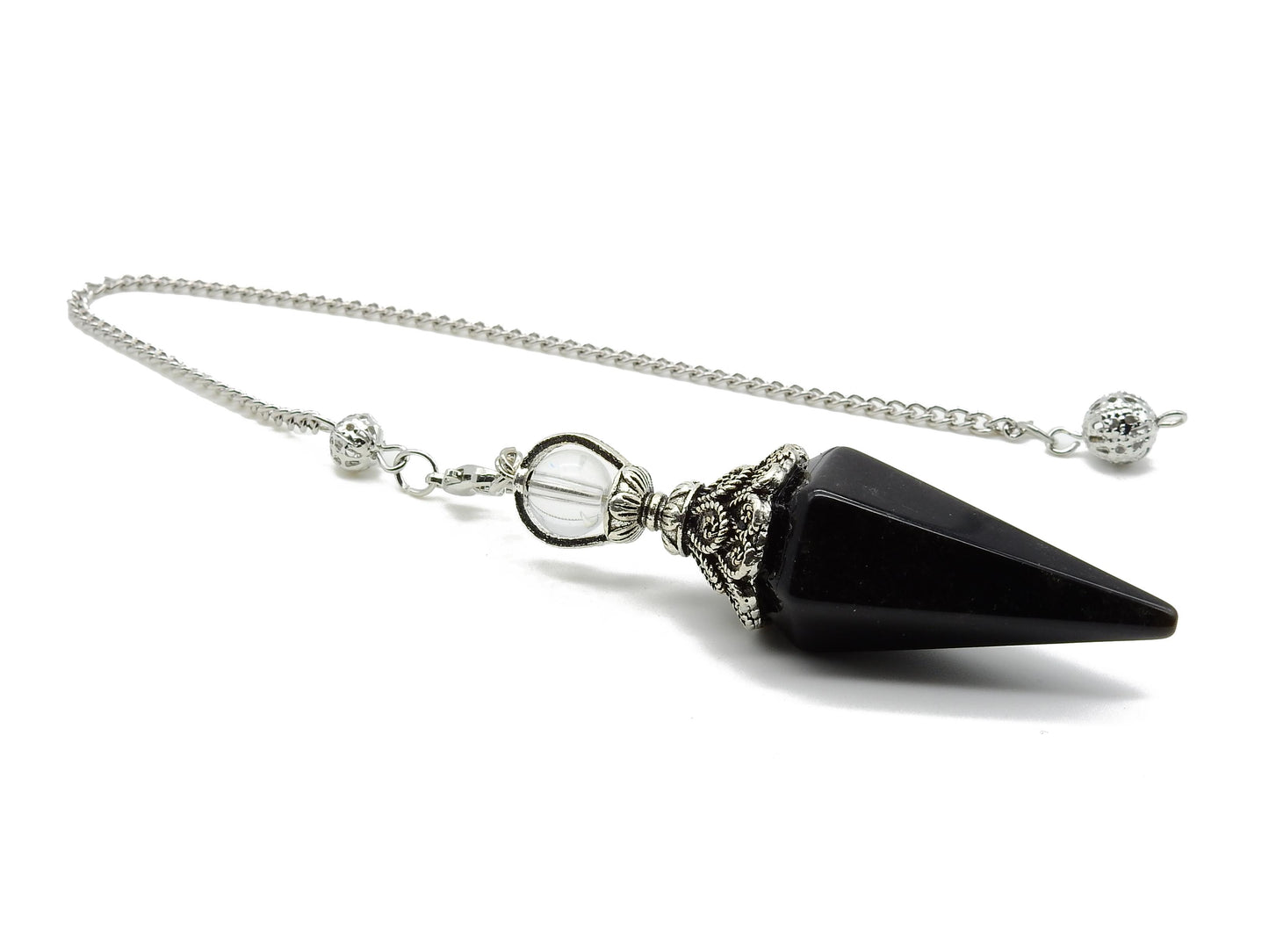 selection zen pendule duo pointe grand modèle agate noire avec perle 8mm cristal de roche et chaine argentée