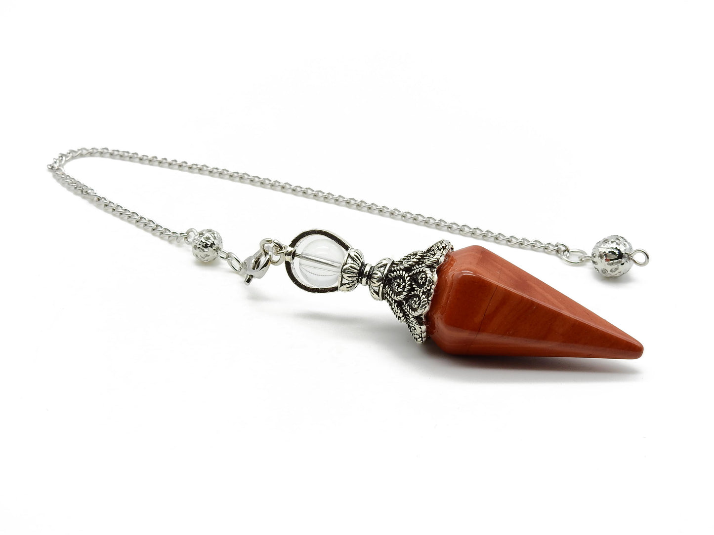 selection zen pendule duo pointe grand modèle jaspe rouge avec perle 8mm cristal de roche et chaine argentée