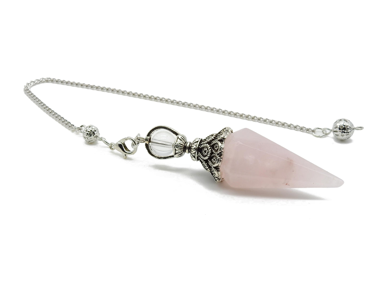 selection zen pendule duo pointe grand modèle quartz rose avec perle 8mm cristal de roche et chaine argentée