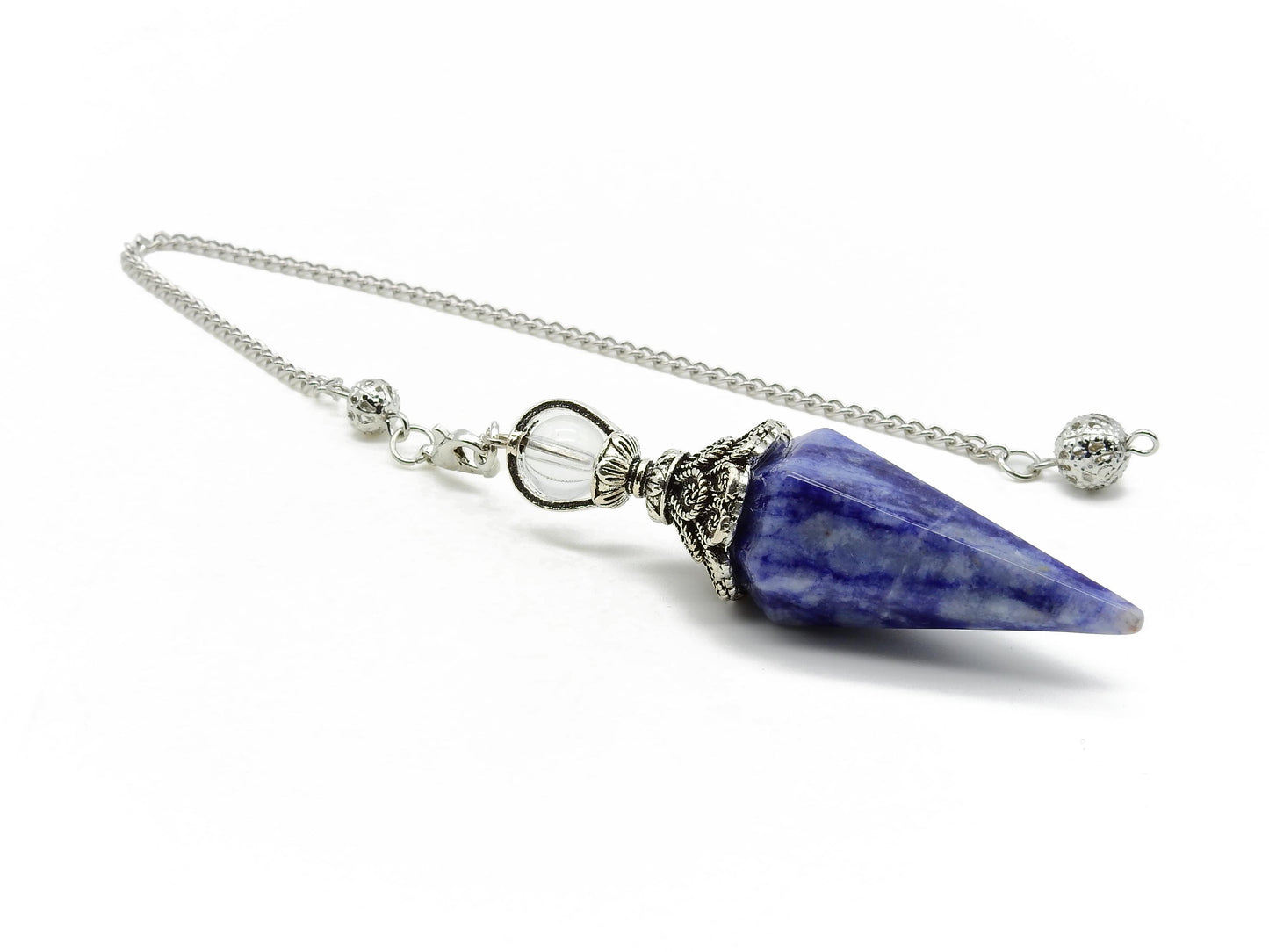 selection zen pendule duo pointe grand modèle sodalite avec perle 8mm cristal de roche et chaine argentée