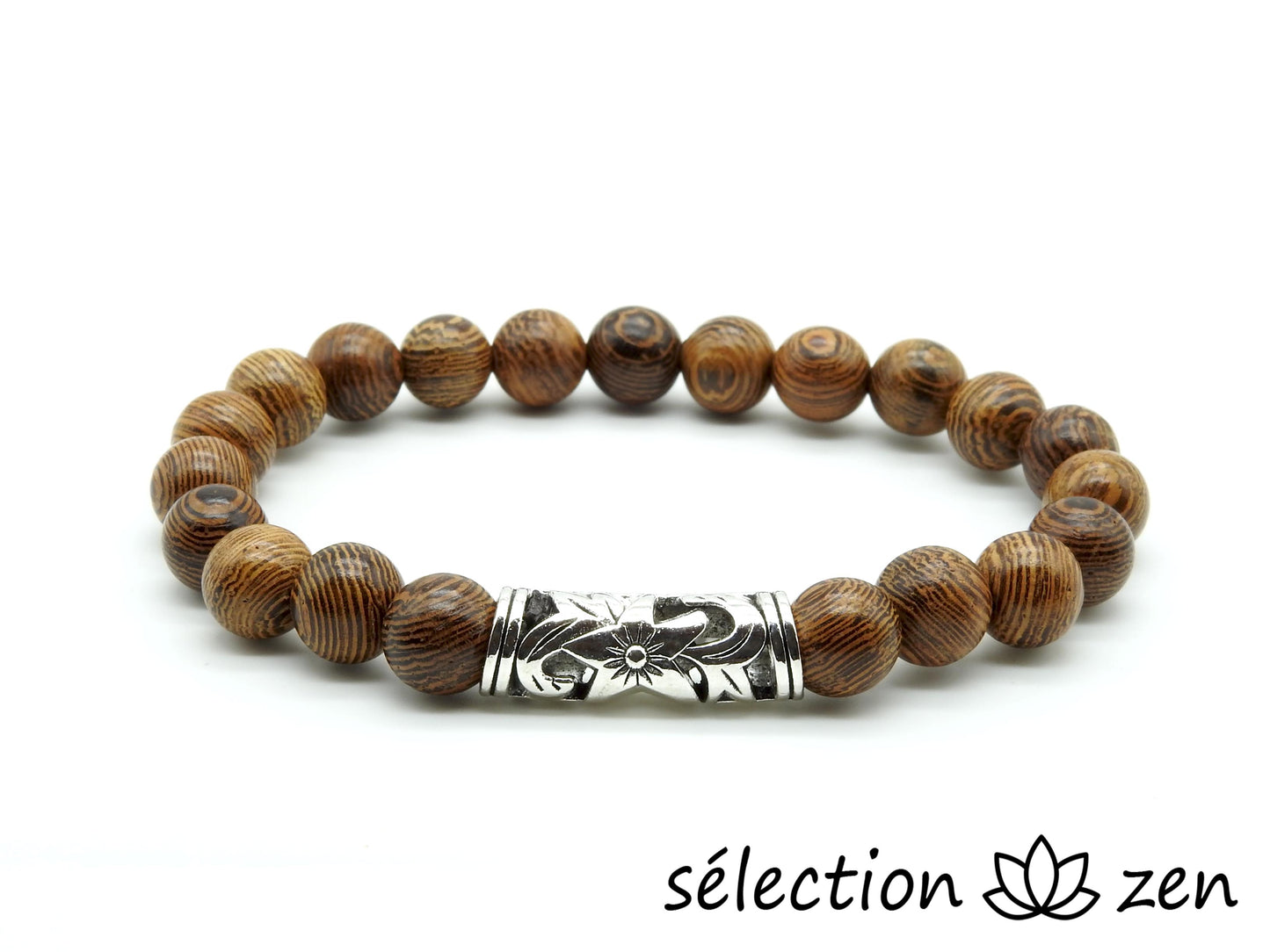 bracelet fleur argenté bois 8mm 19cm selection-zen