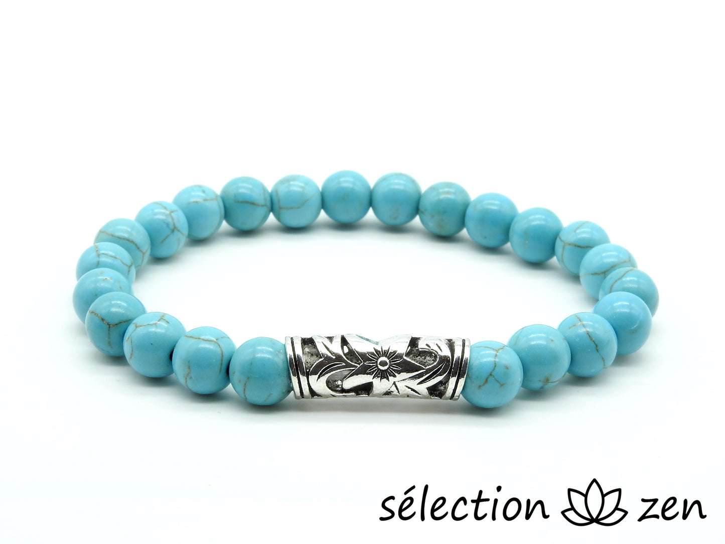 bracelet fleur argenté howlite turquoise 8mm 19cm selection-zen