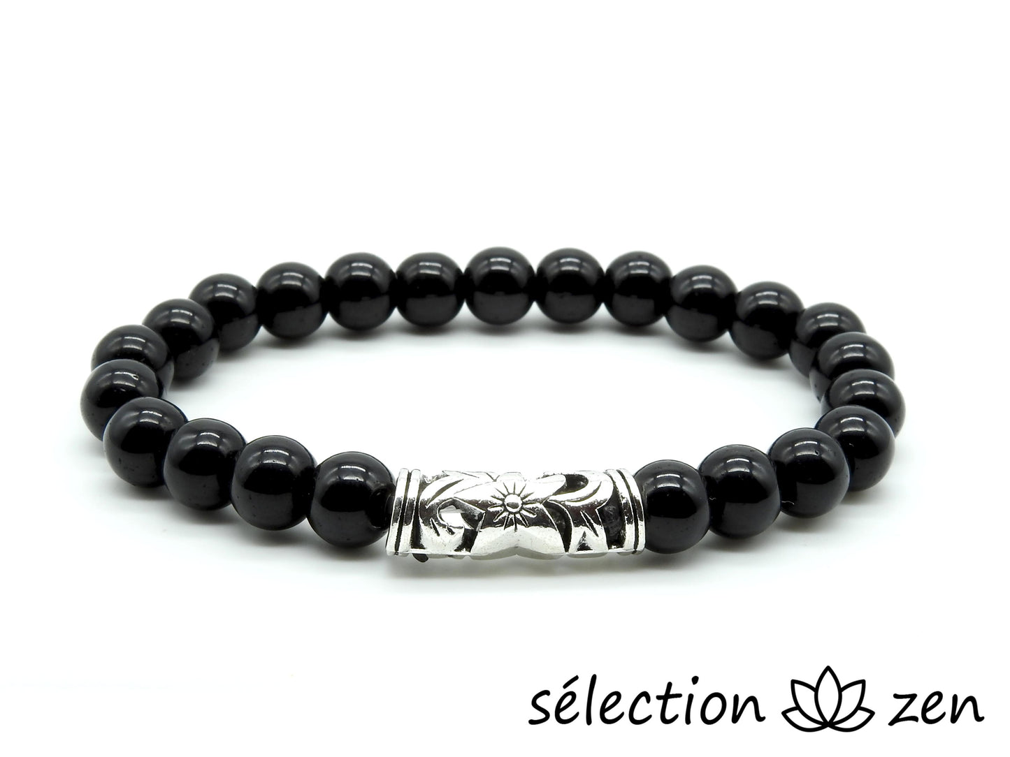bracelet fleur argenté onyx noir brillant 8mm 19cm selection-zen
