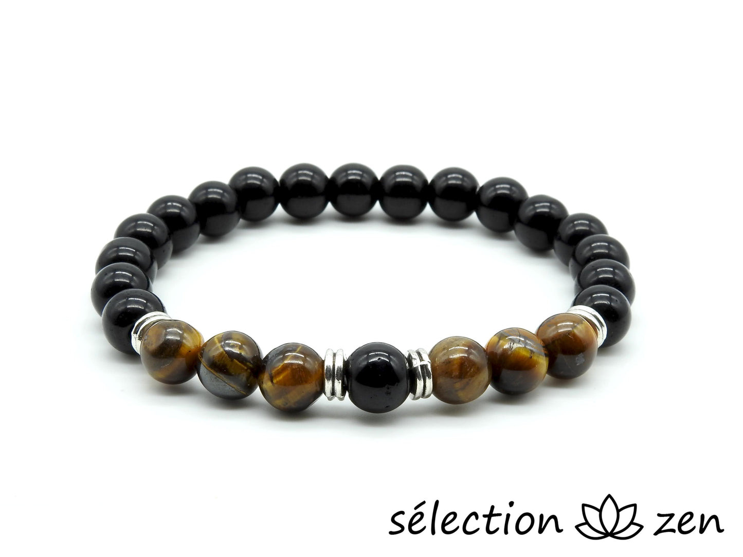 bracelet onyx noir brillant et oeil de tigre jaune 8mm 19cm selection-zen