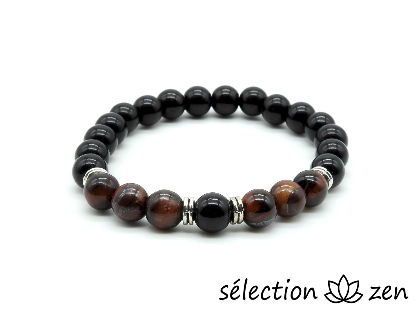 bracelet 8mm oeil de tigre rouge et onyx noir brillant 18cm selection-zen