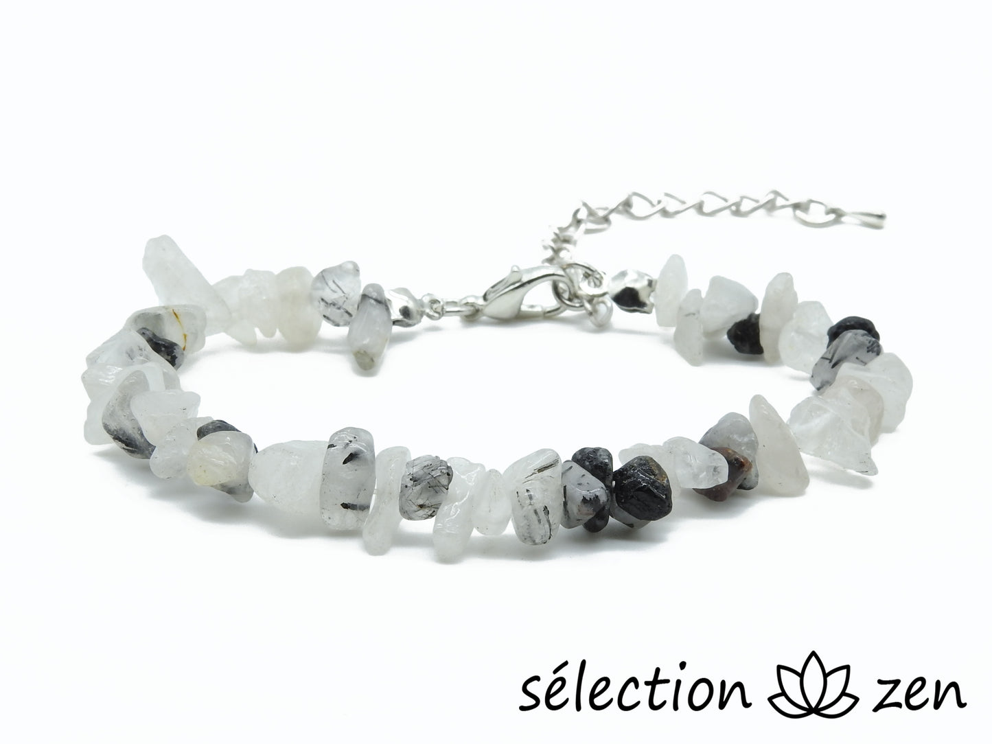 selection zen bracelet réglable argenté quartz blanc et tourmaline noire pierres irrégulières
