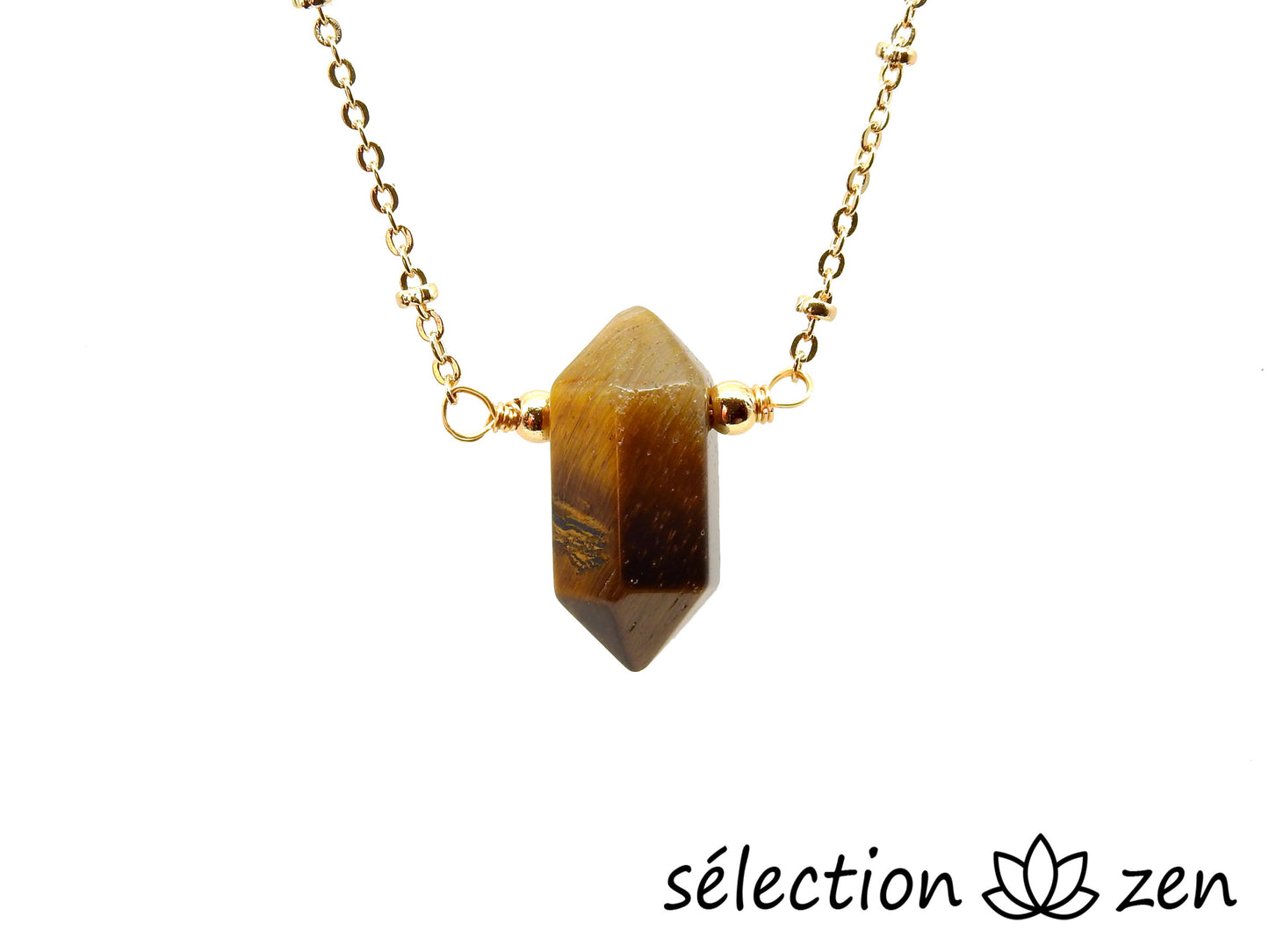 selection zen collier doré double pointe œil de tigre jaune