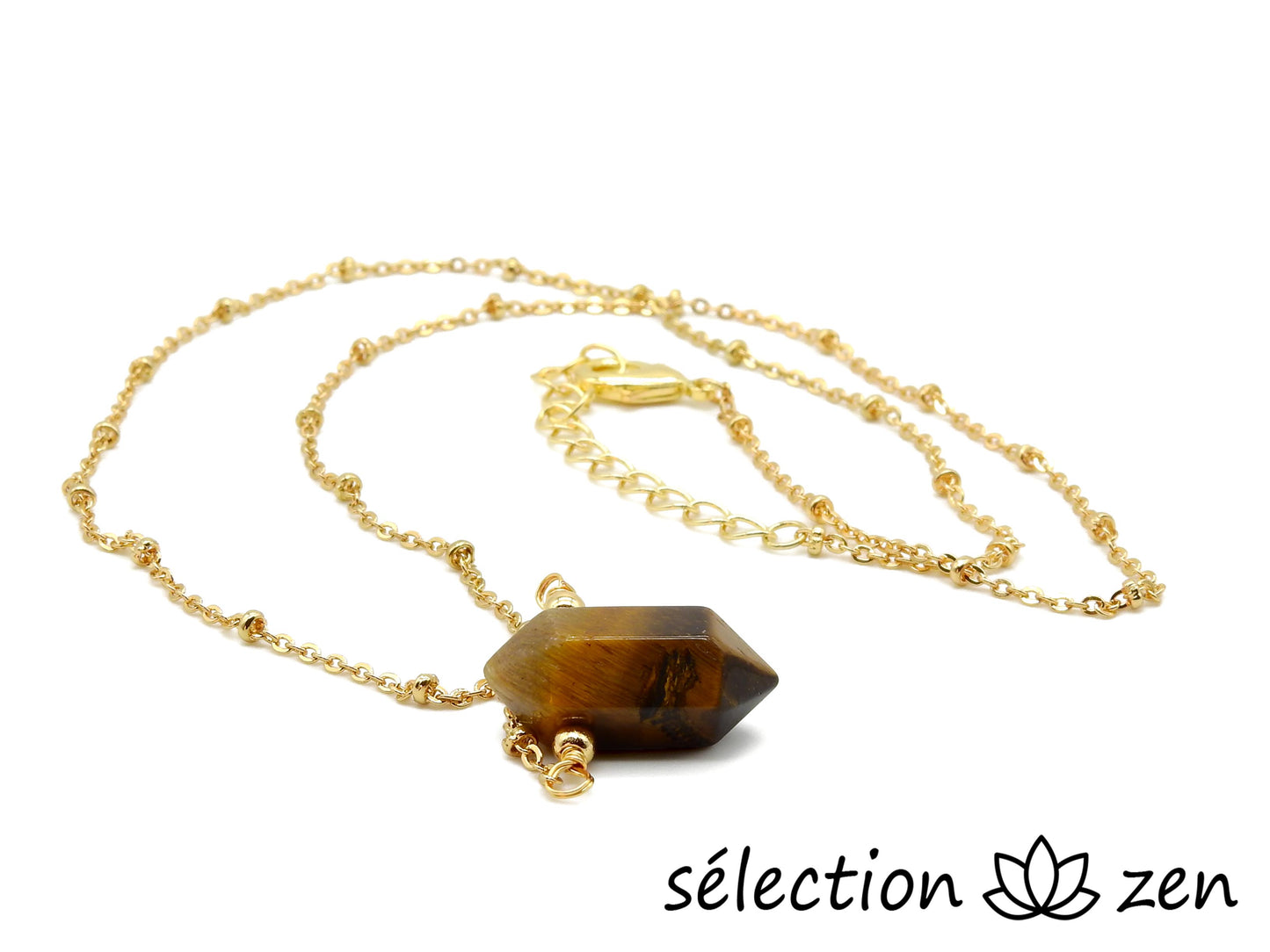 œil de tigre jaune collier doré double pointe