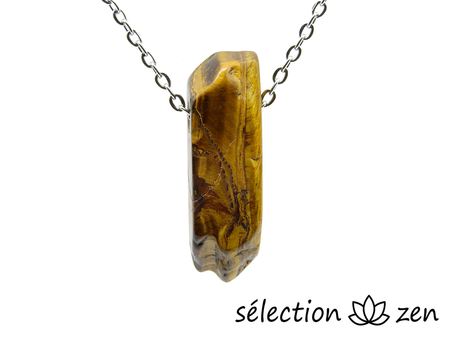 oeil de tigre jaune collier pierre sur chaîne argentée selection zen
