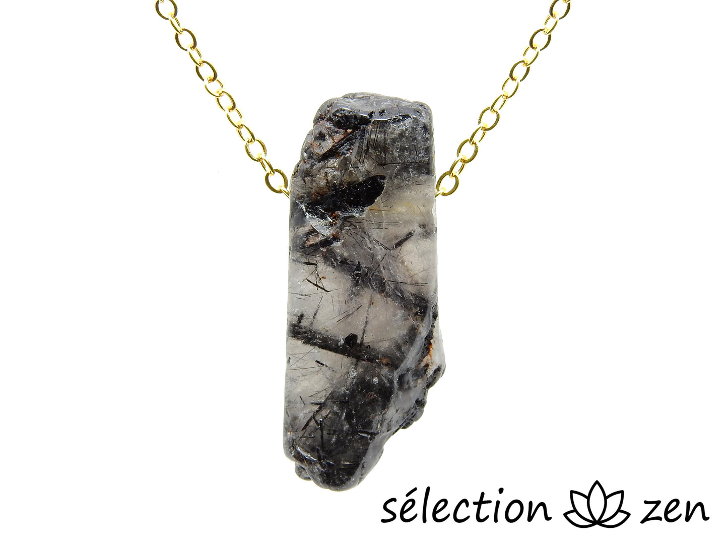 selection zen quartz tourmaline collier pierre sur chaîne dorée