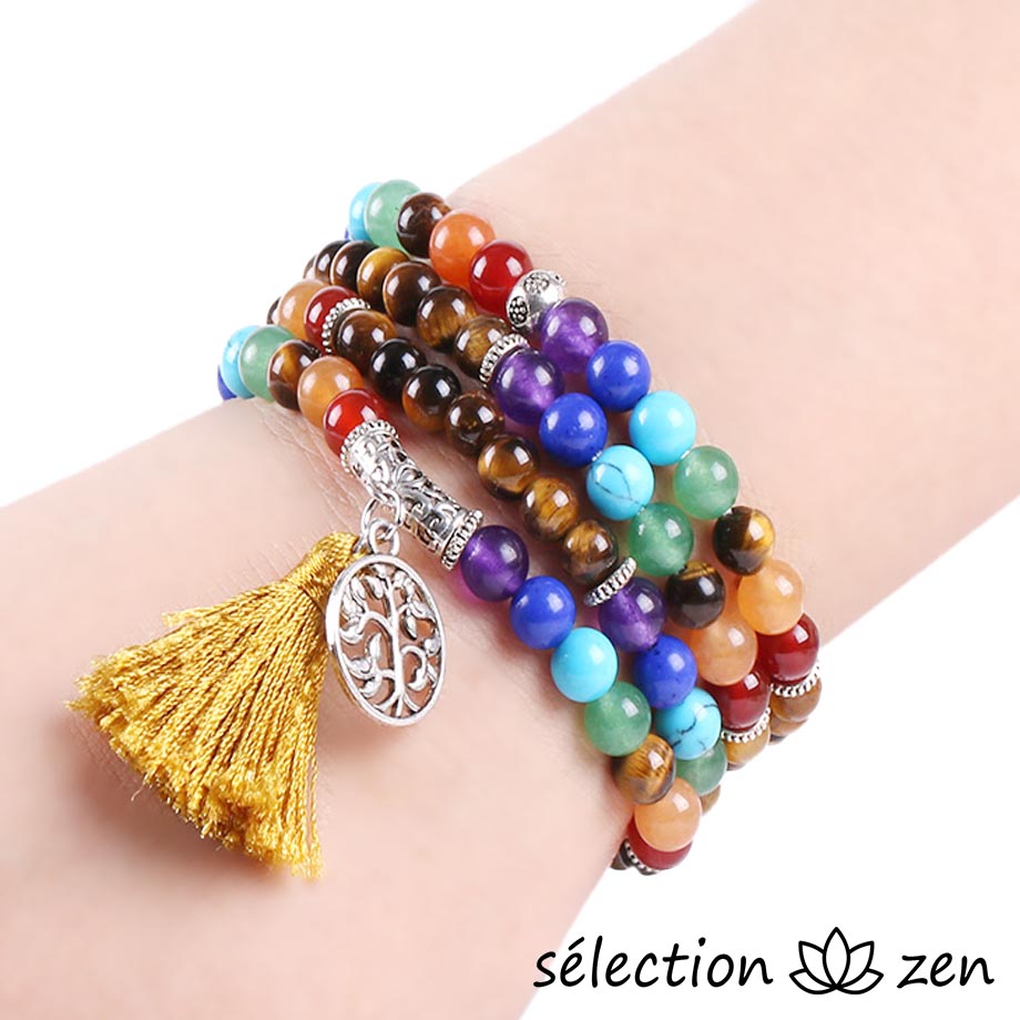 selection-zen mala œil de tigre jaune médaillon arbre de vie 7 chakras
