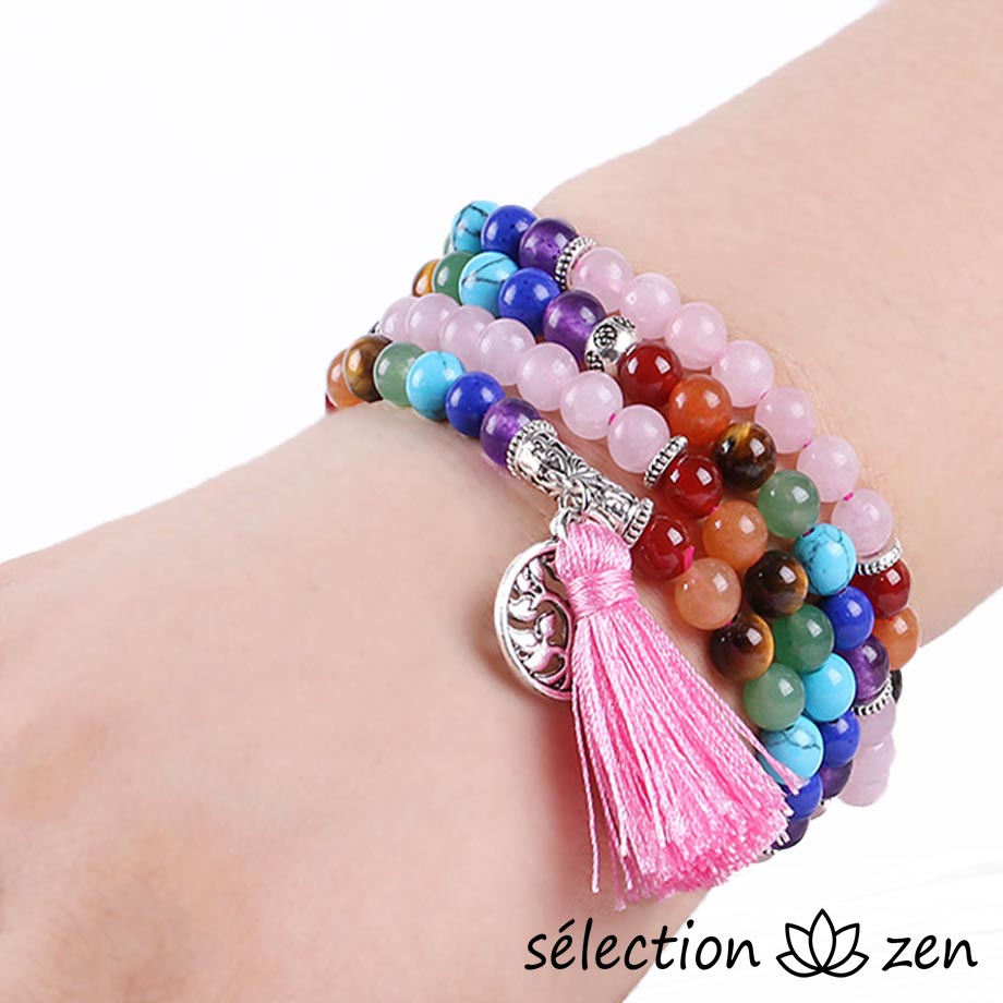 selection zen mala 6mm quartz rose 7 chakras arbre de vie