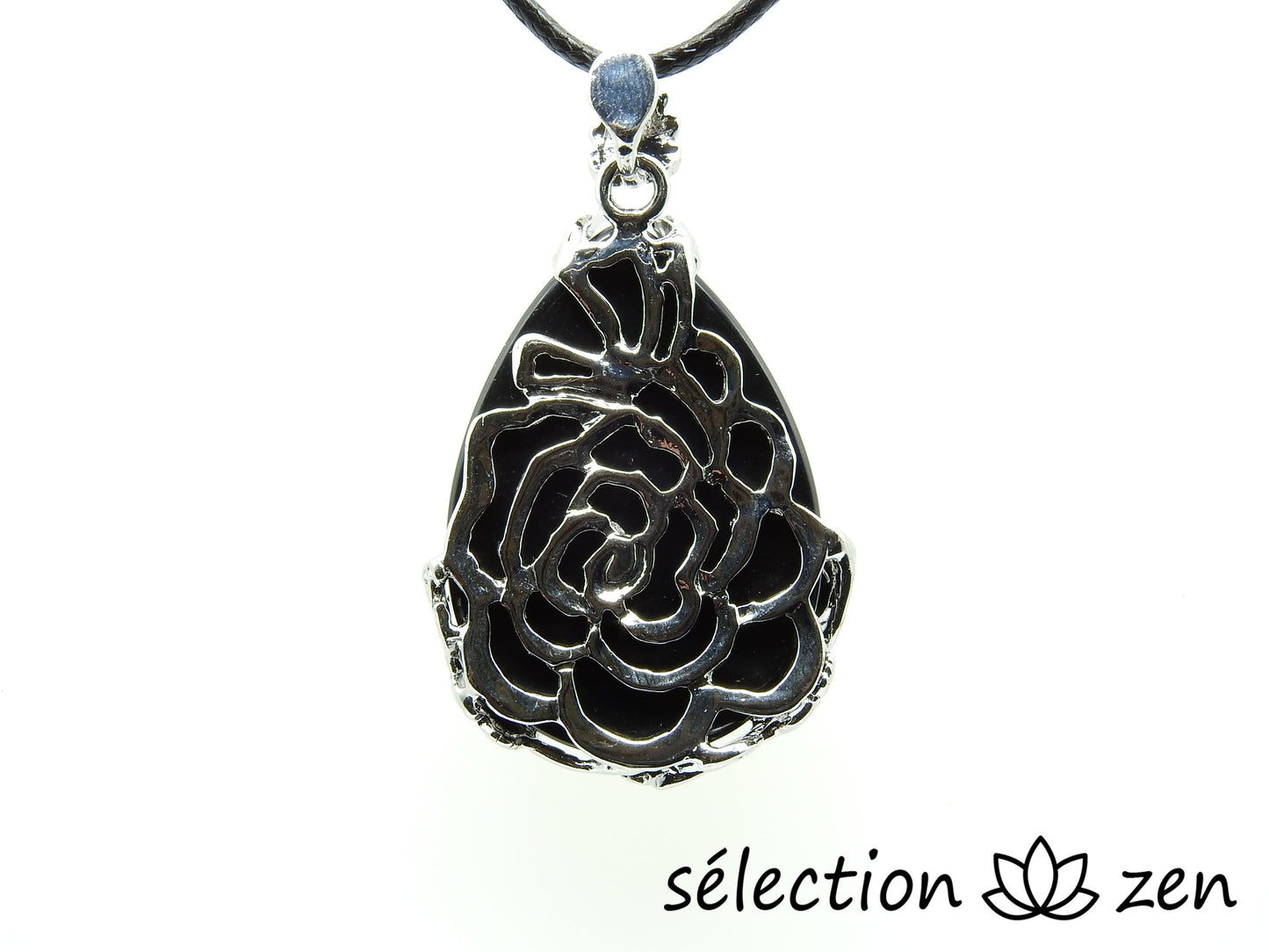 pendentif goutte fleurs agate noire selection-zen