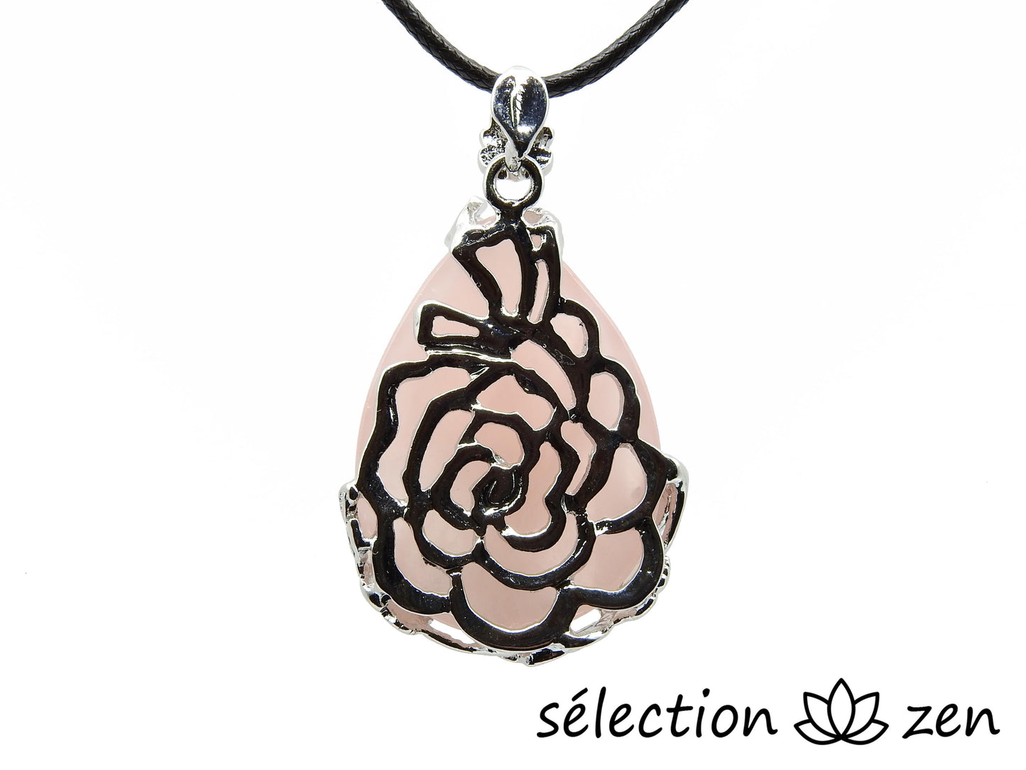 selection zen pendentif quartz rose goutte fleurs