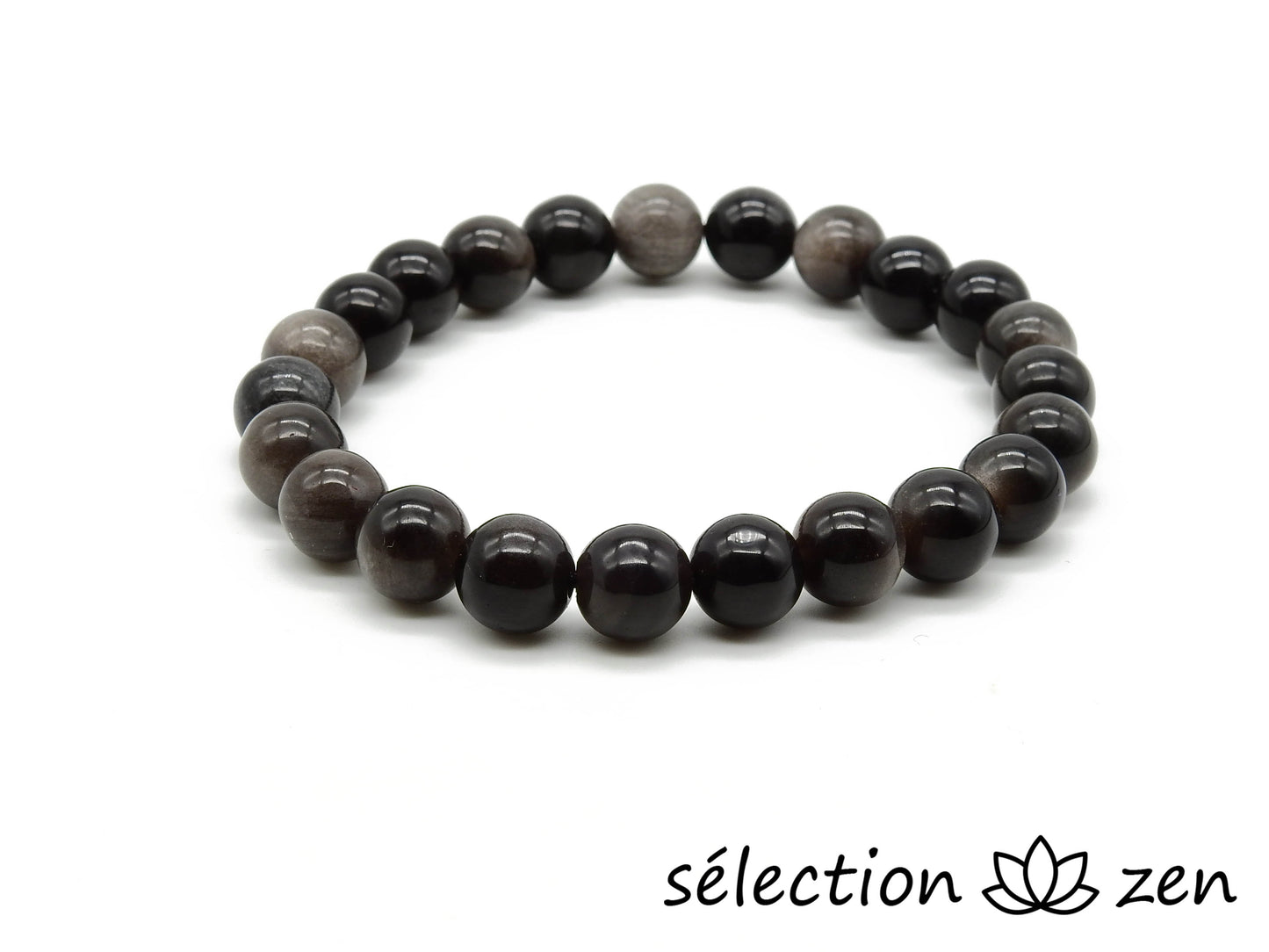 selection zen bracelet 8mm obsidienne argentée