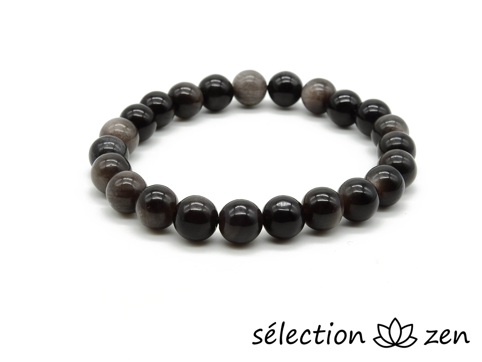 selection zen bracelet 8mm obsidienne argentée