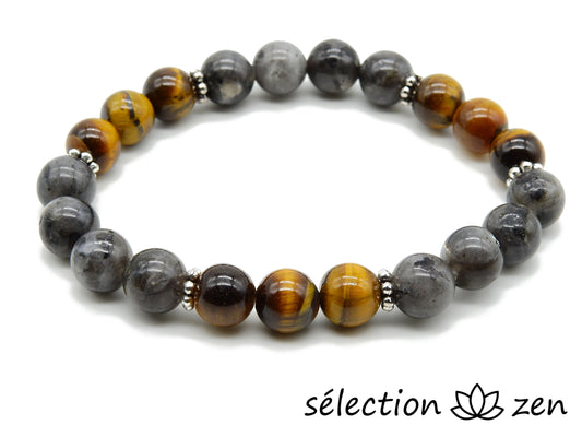 selection zen bracelet duo élastique œil de tigre jaune larvikite et perles fantaisie argentées