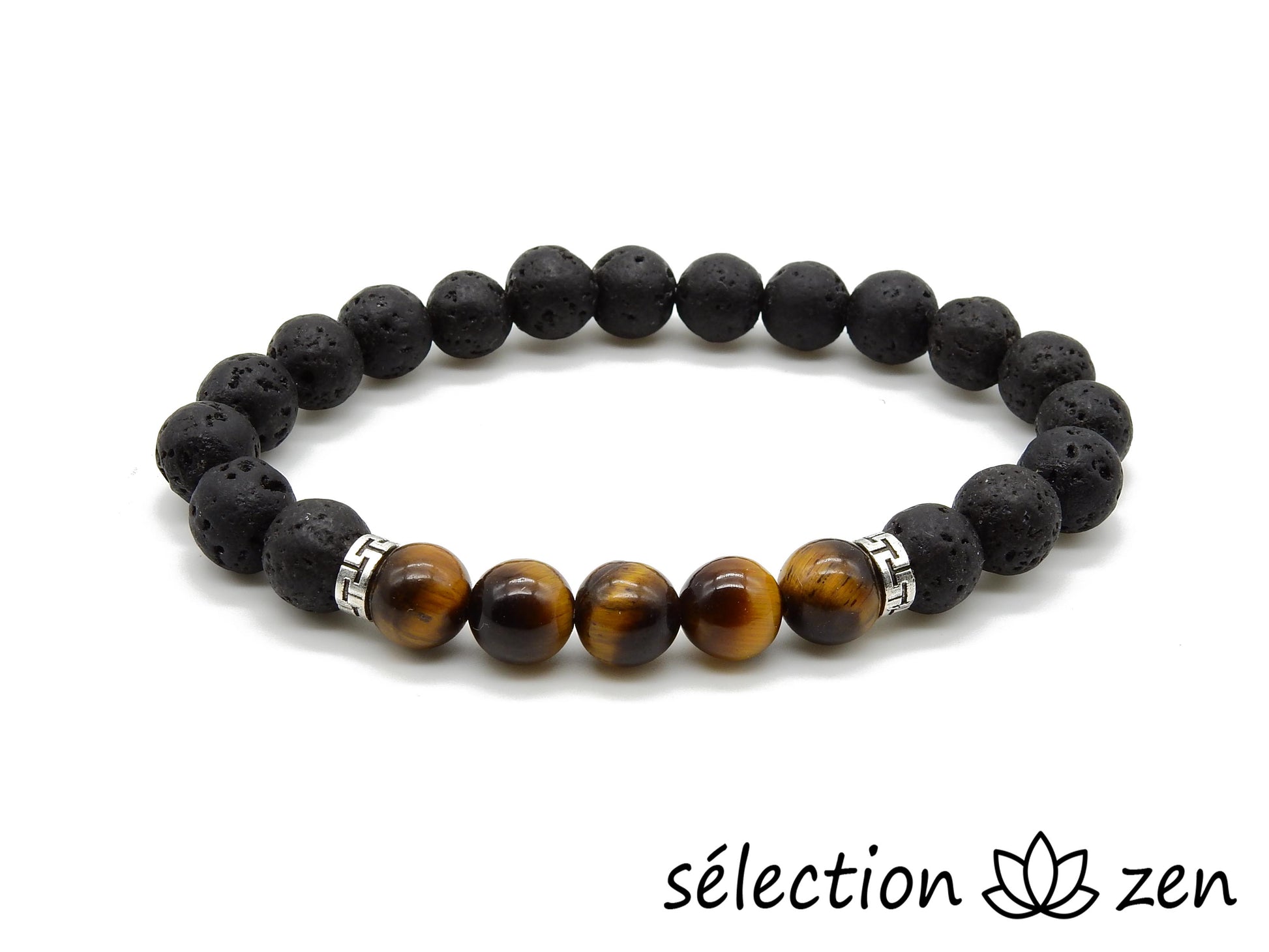 bracelet 5 x oeil de tigre et pierre de lave 8mm perles argentées selection-zen