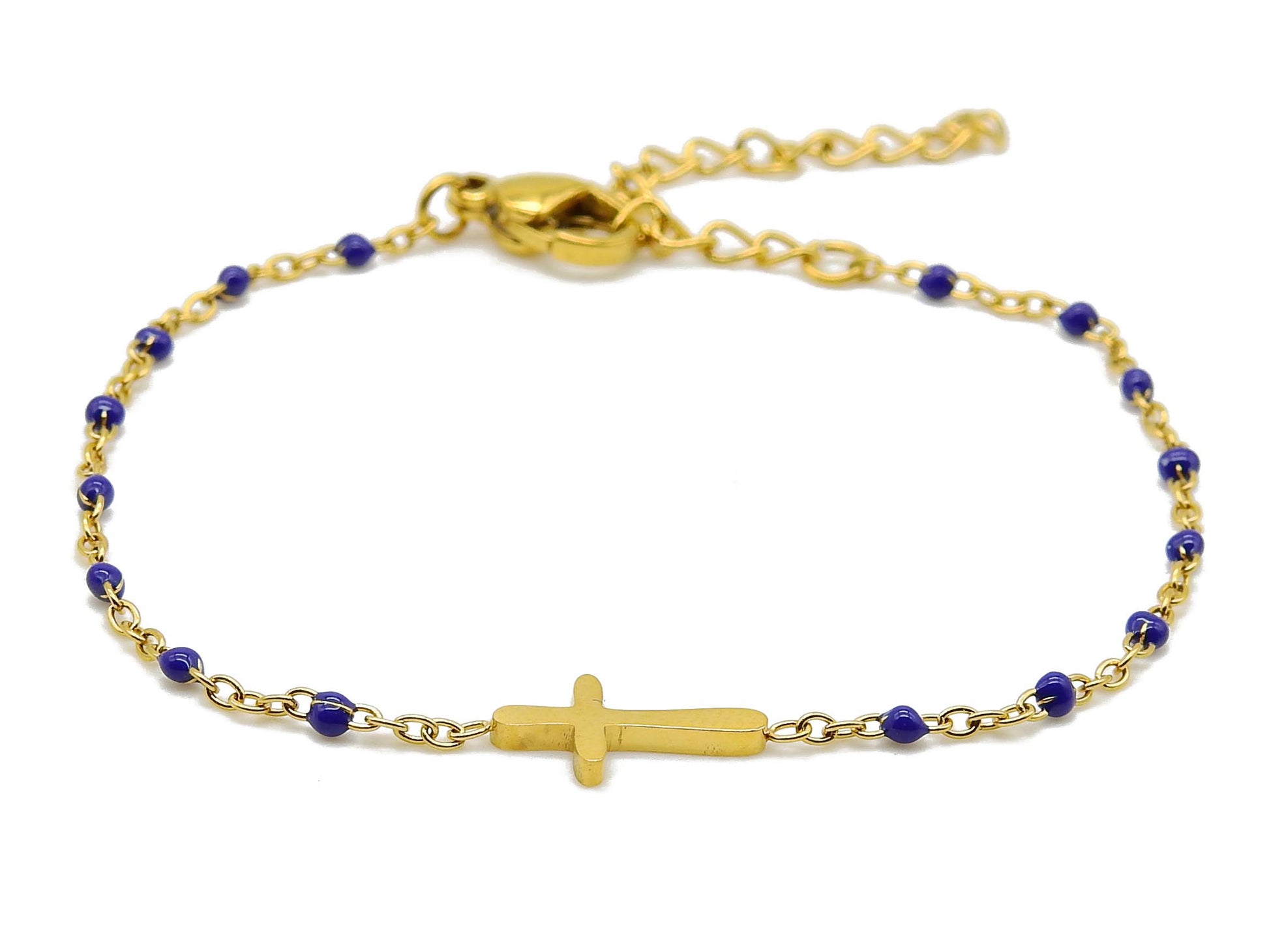 selection zen bracelet religieux réglable doré et bleu foncé croix dorée et chaine de réglage dorée