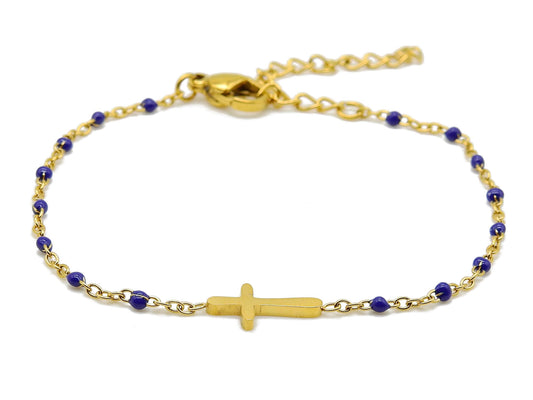 selection zen bracelet religieux réglable doré et bleu foncé croix dorée et chaine de réglage dorée