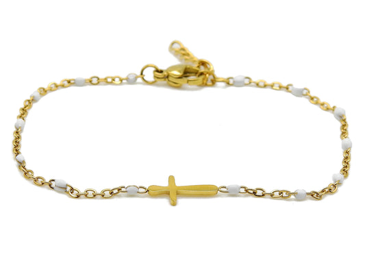 selection zen bracelet réglable religieux doré et blanc avec croix dorée et chaine de réglage