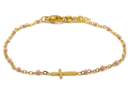 selection zen bracelet réglable religieux doré et rose pétale avec croix dorée et chaine de réglage dorée