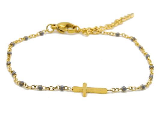 selection zen bracelet réglable religieux doré et gris avec croix dorée et chaine de réglage dorée