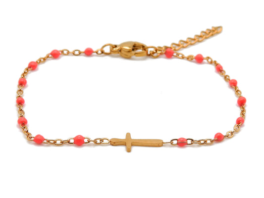 selection zen bracelet réglable religieux doré et rose fluo avec croix dorée et chaine de réglage