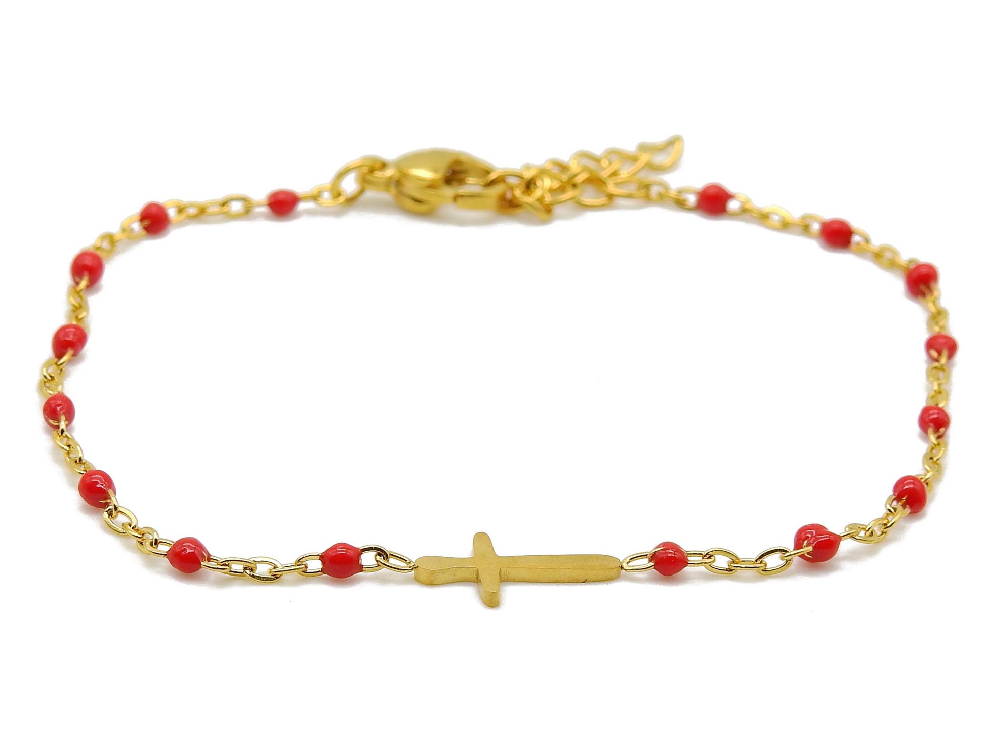 selection zen bracelet religieux réglable doré et rouge croix dorée et chaine de réglage dorée